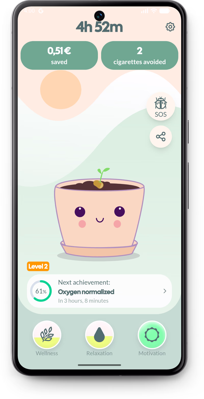 Mockup de la aplicación Quitchi mostrando el crecimiento de la planta