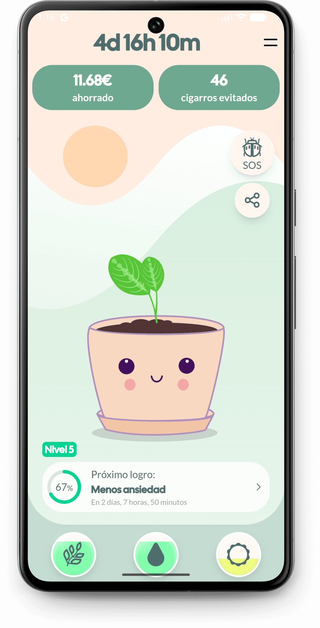 Mockup de la aplicación Quitchi mostrando el crecimiento de la planta