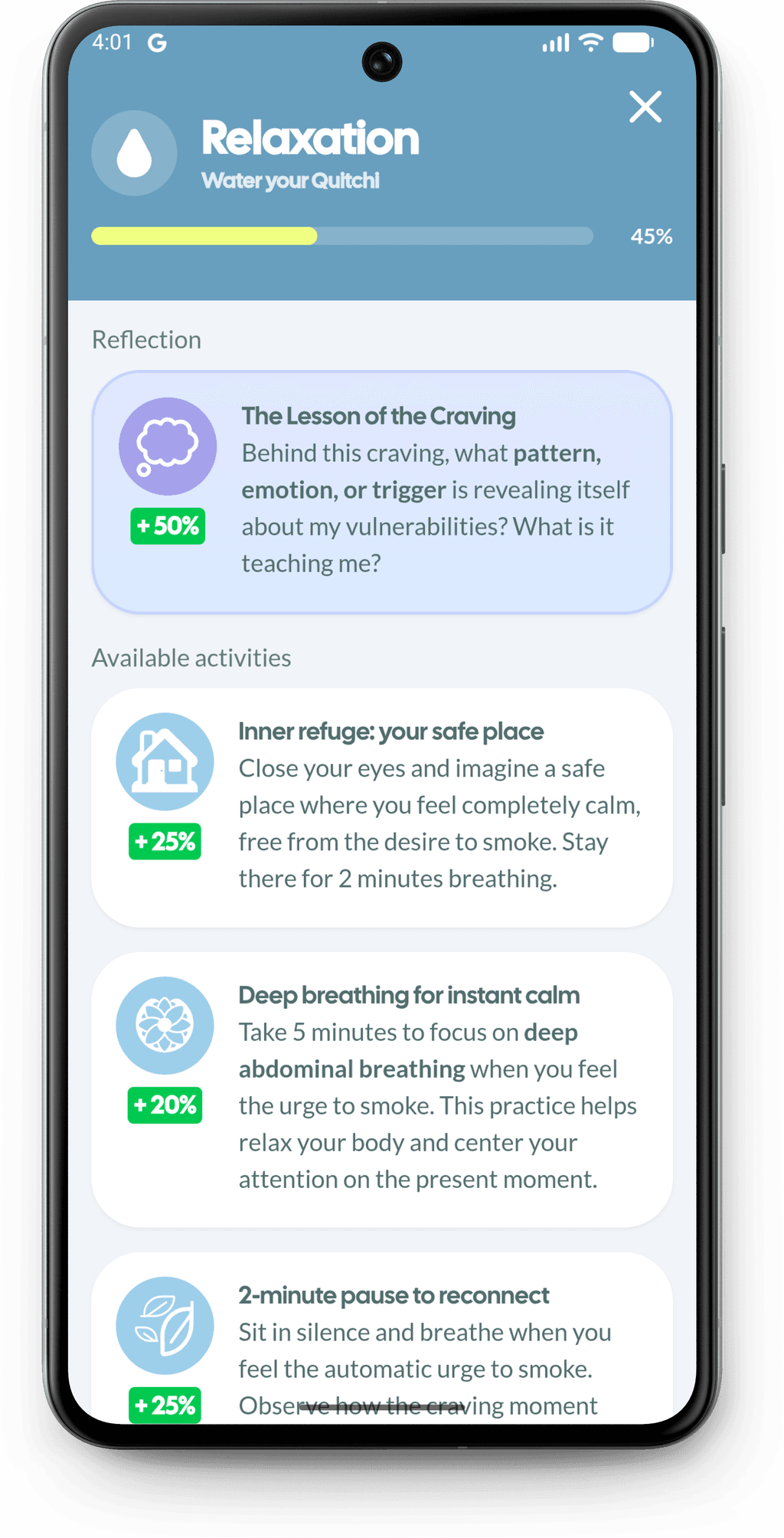 Mockup de Quitchi mostrando el progreso de la salud