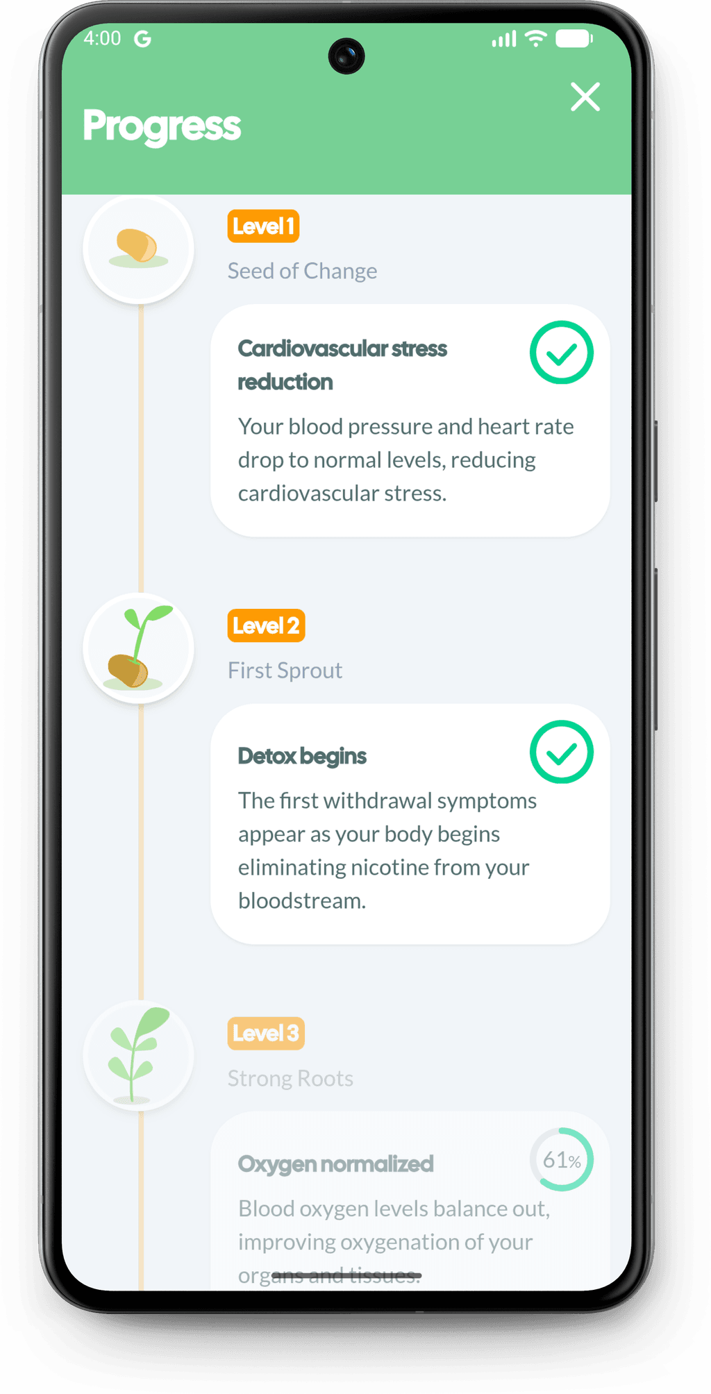Mockup de Quitchi mostrando actividades de autocuidado