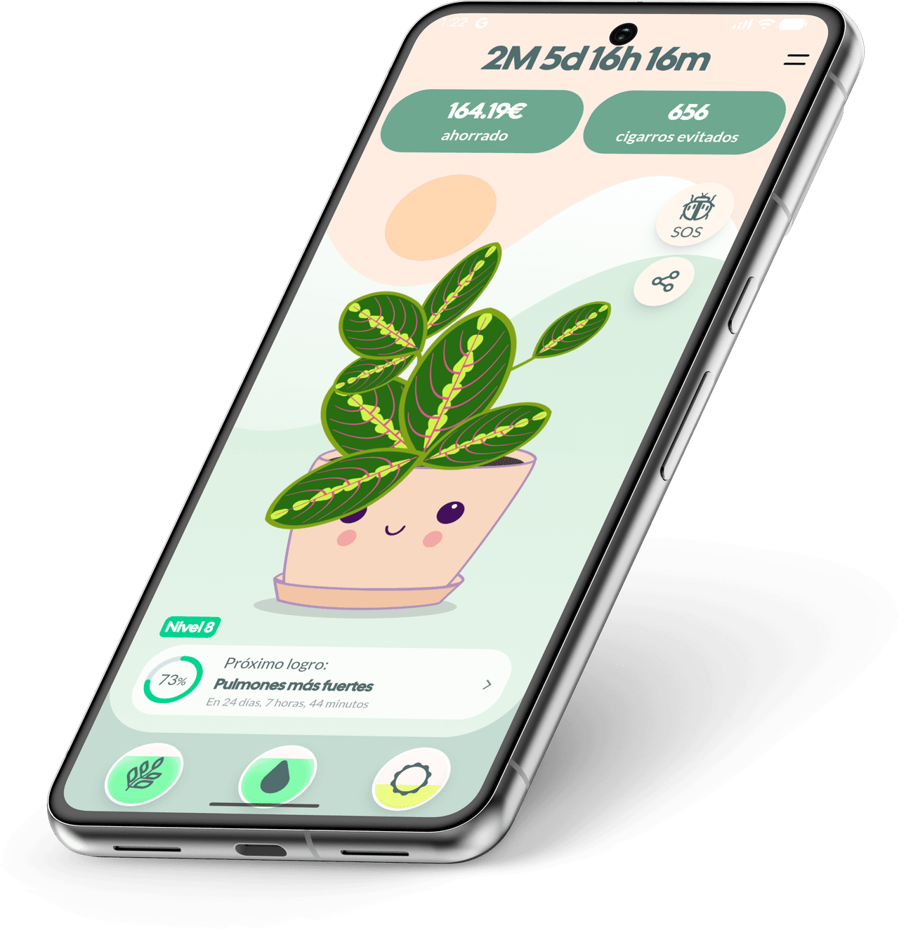 Aplicación móvil Quitchi mostrando tu planta personal y tu progreso al dejar de fumar