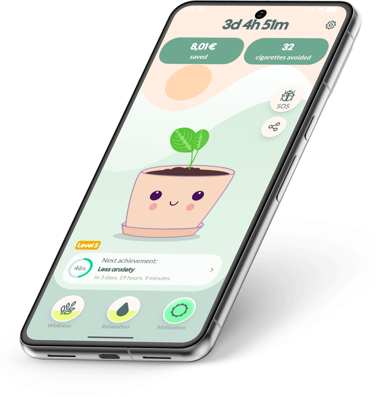 Aplicación móvil Quitchi mostrando tu planta y tu progreso al dejar de fumar