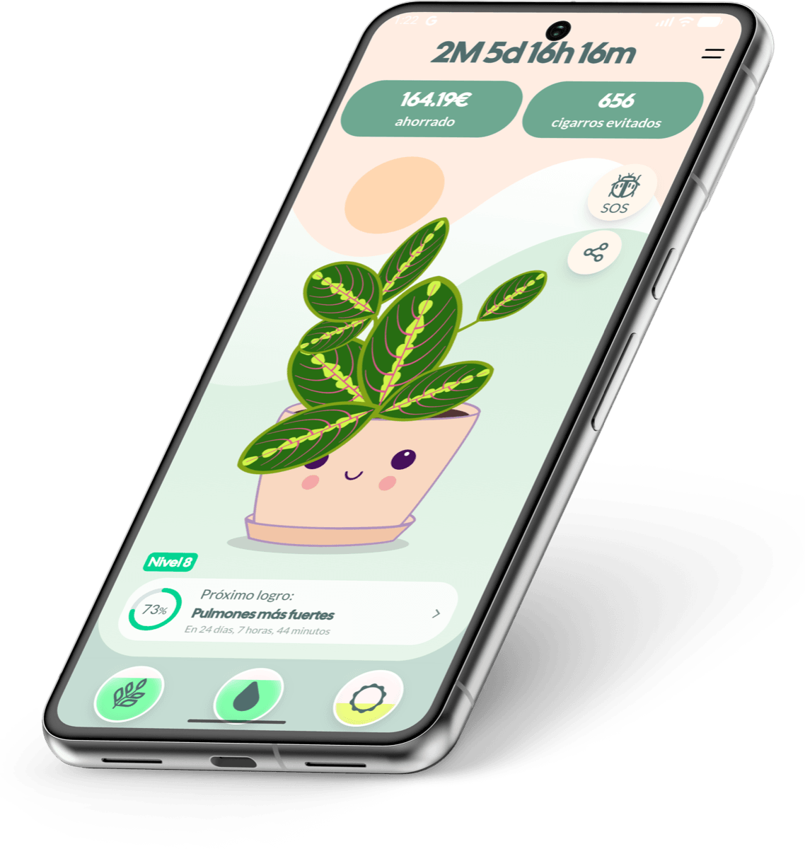 Aplicación móvil Quitchi mostrando tu planta y tu progreso al dejar de fumar